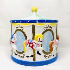 Carousel Horses Ceramic Cookie Jar 8"x8" Round Biscuit Bin - Vintage Collectible | eBay