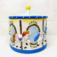 Carousel Horses Ceramic Cookie Jar 8"x8" Round Biscuit Bin - Vintage Collectible | eBay