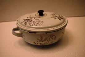 Vintage White Enamelware Casserole Dish Floral Gilt Rose Design With Lid Rustic | eBay