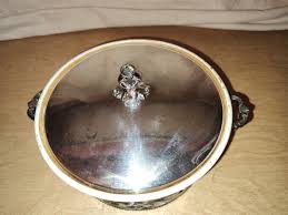 MCM Ceramic HALL White & Brown Casserole Dish w/Silver Plated Carrier & Lid | eBay