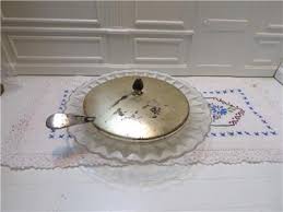 Vintage Clear Glass BUTTER/ CONDIMENT/ CHEESE DISH, TRAY w metal lid, knife | eBay