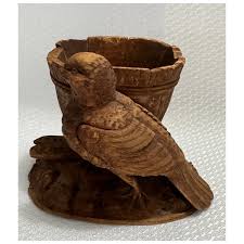 Antique Black Forest Carved Wooden Pyrogen Bird & Nest Match Safe. For Sale at Ruby Lane