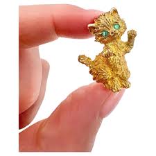Vintage 14ct Yellow Gold Stamped, 1960s Cat Brooch with ...