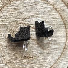 Invisible Plastic Glitter Black Cat Clip on Earrings - Etsy