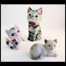 Vintage Set of 3 Miniature Porcelain Gray Glass Cat wearing ...