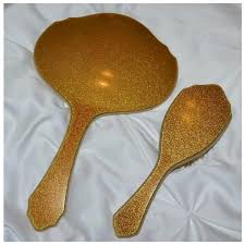 Art Deco Gold Glitter Celluloid GOLDALEUR Large Oval Hand Mirror & . For Sale at Ruby Lane