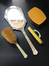 Vintage Ladies Dresser Set. Jewels Powder Box, Pearl Green ...