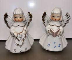 2 Vintage Japan Angel Playing Instrument Figurine, Mid ...