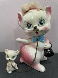 2 CAT KITTEN Figurines VINTAGE Pink BLUE RHINESTONE EYES ...
