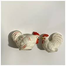 MCM Rooster Chicken Orange and Gold Salt Pepper Shakers Ceramic. For Sale at Ruby Lane