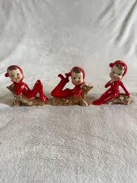 Vintage 3 Red Pixie Girls on Logs | eBay