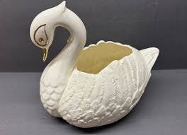 Vintage Whiter Ceramic Swan Planter With Gold Trim | eBay