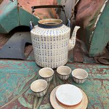 Antique Porcelain Teapot & Four Cups, Calligraphy Design in ...