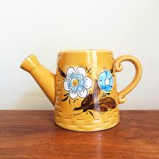 Ceramic Watering Can Made in Japan, Gold Planter With Blue ...