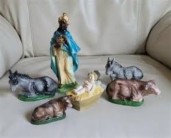 Vintage clay or chalkware Nativity set of six figures with a ...