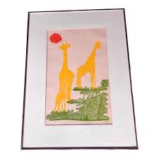 Vintage Seattle Artist Giraffe Block Print, Signed and Numbered, Professionally Matted and Framed | Chairish