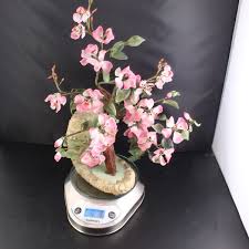 15" Vintage Bonsai Tree Jade Stone Glass Pink Asian Cherry ...