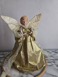 Vintage 12" Blond Angel Gold Dress and Golden Wings Head and Hands Ceramic Angel Illuminates the Top of Tree. - Etsy