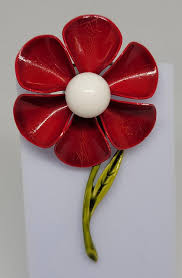 Vintage Red Enamel Flower Brooch With White Bead Center ...