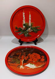 Vintage 60s 70s Tin Metal Christmas Themed Trays Platters (2 ...