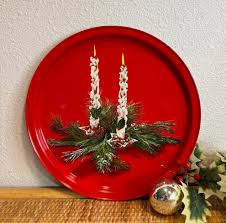 Vintage 60's Round Red Metal Christmas Serving Tray | Retro ...