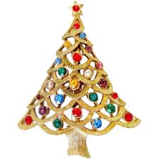 Similar Items to Goldtone Christmas Tree Pin Multicolor Rhinestones