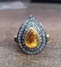 Pear Citrine Ring: Sterling Silver, Rose Cut Diamond Accent - Etsy Canada