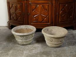 Vintage Pair of Mid-Century Cast Stone Planters with Rosette Motifs For Sale at 1stDibs