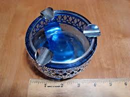 Vintage Blue Bubble Glass Ashtray in a Metal Design ...