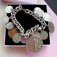 Antique and Vintage Chunky Coin Charm Bracelet | 13 Coins ...