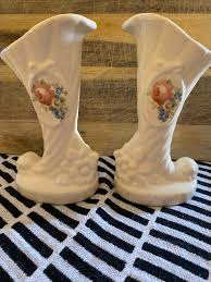 Pair (set of 2) off White Cornucopia Style Vases With Cameo ...