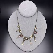 Landau Necklace Antiqued Bronze Tone Rhinestone Flower Cream Enamel Pink Pearl | eBay