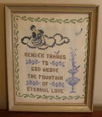 Antique Framed Needlework Angel Fountain Thanks Cross Stitch ...