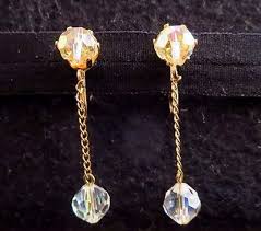 Vintage Aurora Borealis Crystal Glass Dangle Chain Clip Earrings Gold Tn 1 5/8" | eBay