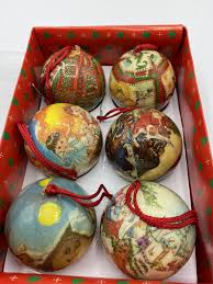 6 Vintage Christmas Tree Ornaments Decoupage Ball with Box ...