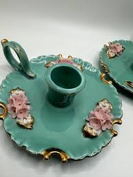 PAIR VIntage Lefton China Taper Candle Holders Blue with Pink & White Flowers | eBay