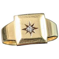 Vintage Gypsy set Diamond signet ring, 9k gpld, Art Deco ...