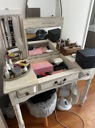 White Distressed Vanity With Hidden Mirror