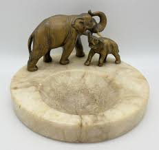 Mother and Baby Elephant on round Marble Base Metal with ...