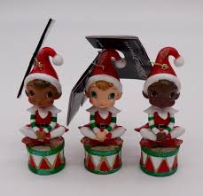 Set Of 3 Elves In Santa Hats Sitting On Drums Xmas Tree ...