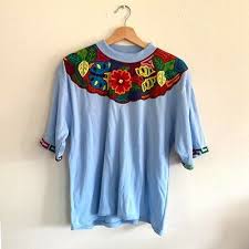 LIGHT BLUE BOHO MULTICOLOR SHORT SLEEVE SHIRT WOMENS SIZE LARGE | eBay