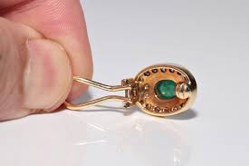 Vintage Circa 1980s 18k Gold Natural Diamond and Cabochon Emerald Earring - Etsy