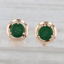 Green Nephrite Jade Stud Earrings 14k Yellow Gold Solitaire ...