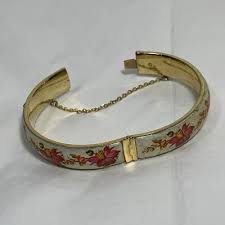 Vintage Enamel Pink Flower Gold Tone Hinged Bangle Bracelet Safety Chain | eBay