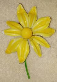 Enamel Brooch Vintage 60s Huge Pop Art Yellow Painted Layered Metal Flower Pin