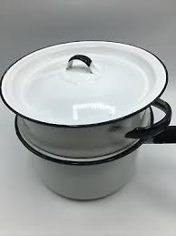 Vintage ENAMELWARE: DOUBLE BOILER w/LID, BOTH PANS, white w ...
