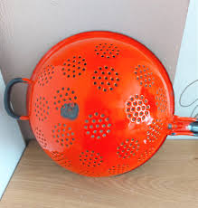 Vintage Metal Red Enamel Colander With Black Handle, Poland ...