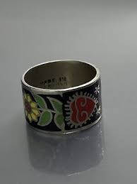 Vtg Siam Sterling Thailand Made Enamel Tulip Flower Heart Cigar Band Size 6 Ring | eBay