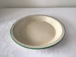 Enamelware Pie Plate, Tan and Green Metal Pan, Vintage ...
