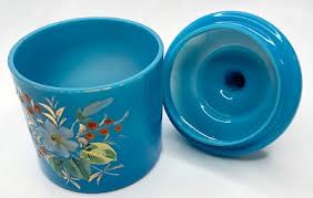 Blue Glass Vanity Jar w/Decorative Lid Hand Painted ...